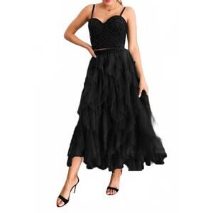 NEW ELINGS a-line long tulle midi skirts in black
